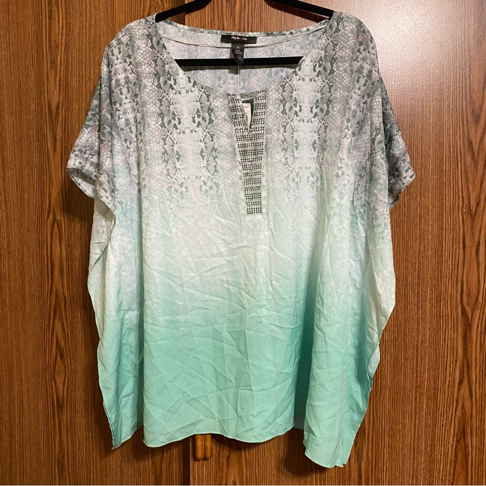 Style & Co Poncho Top Blue Snakeskin Print with Rhinestones, NWT